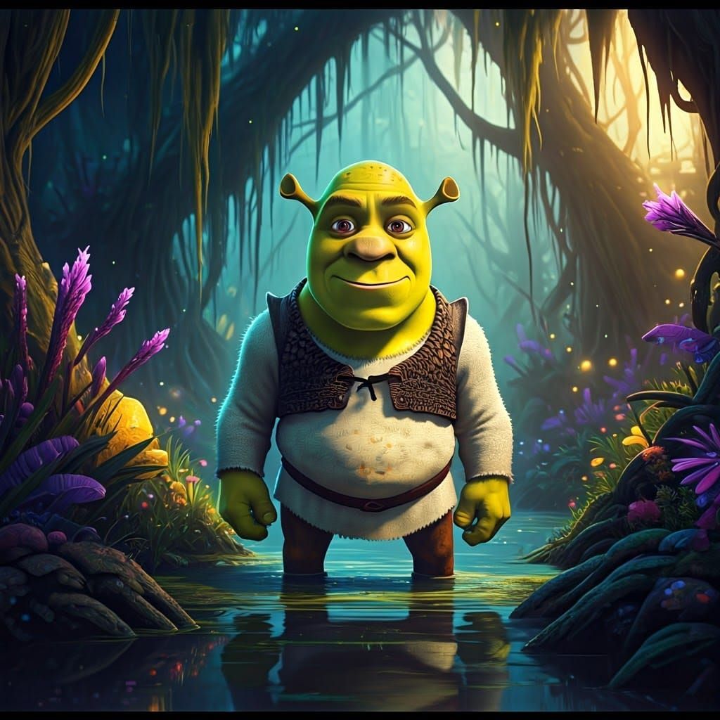 Detailed Animated Character in Dreamlike Swamp Landscape