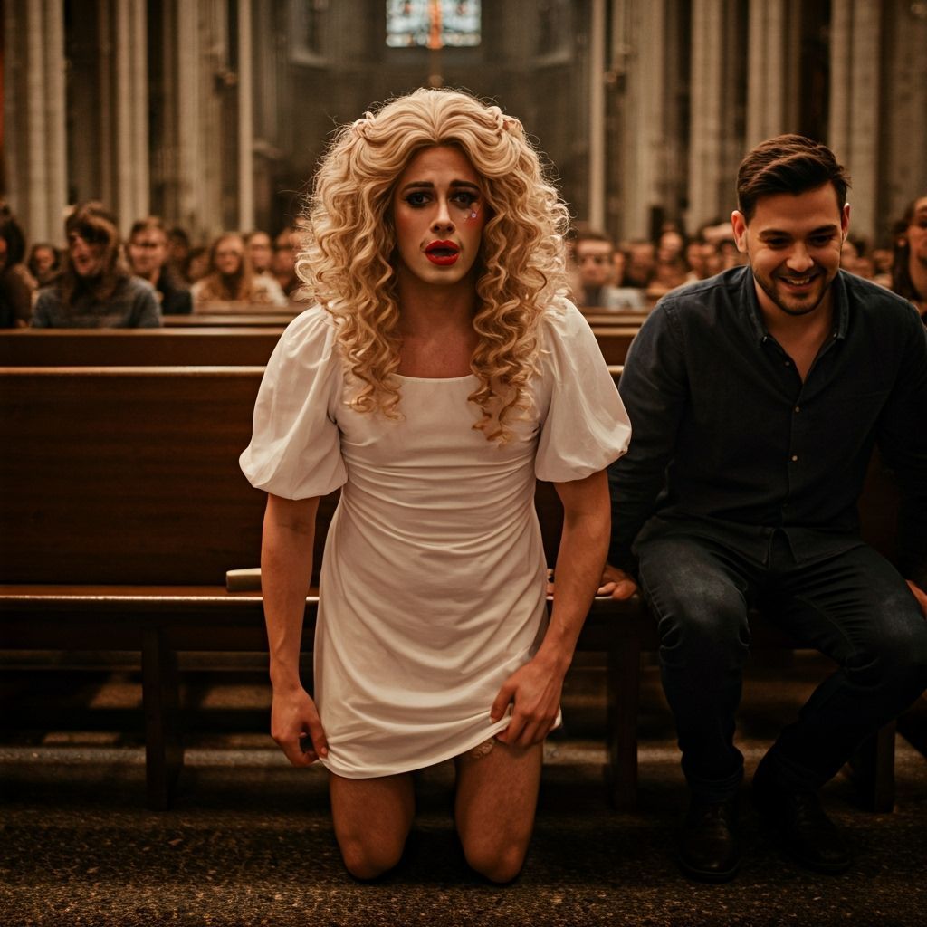 Androgynous Guy in Girlish Dress on Church Bench