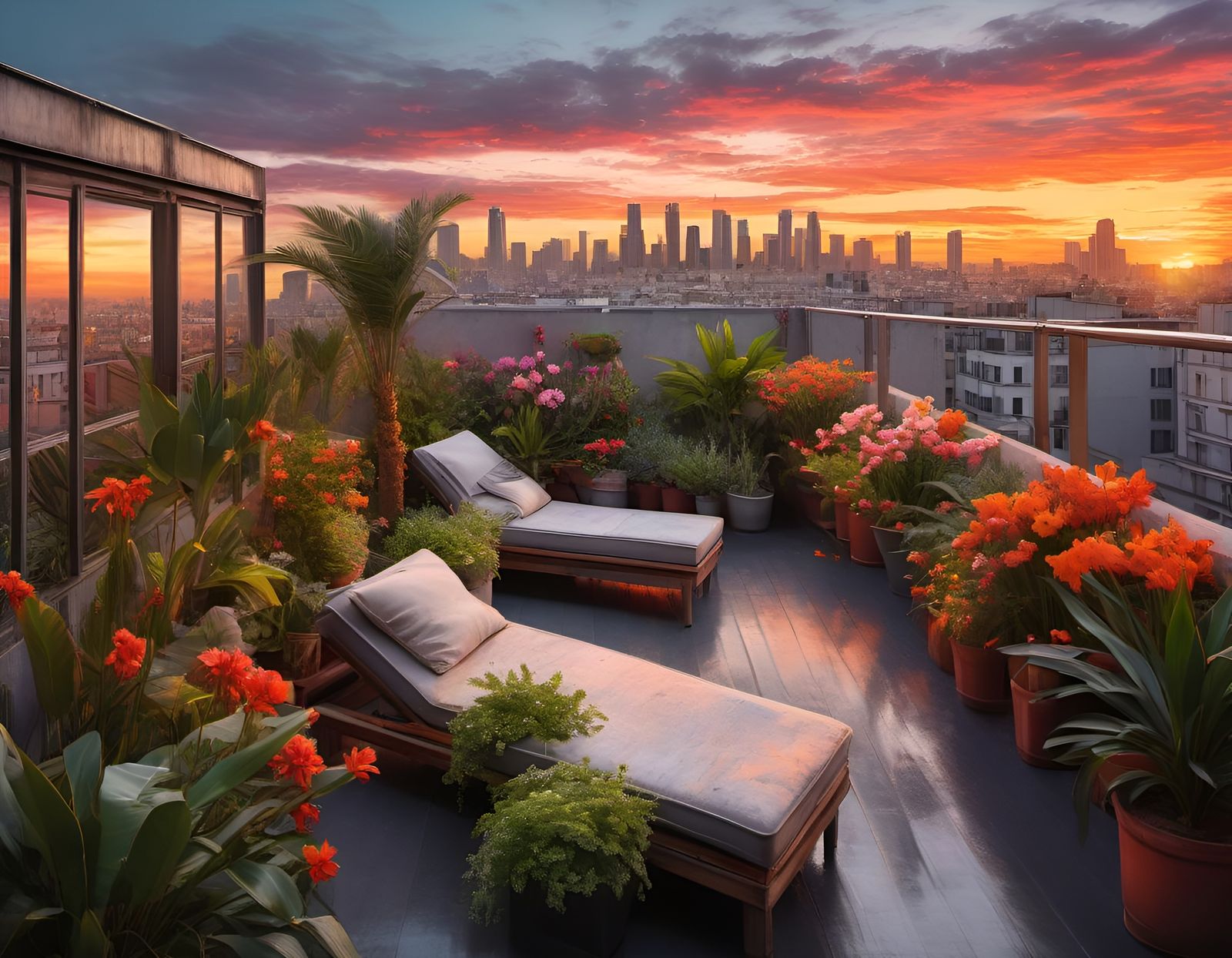 Picturesque Urban Rooftop Garden at Sunset