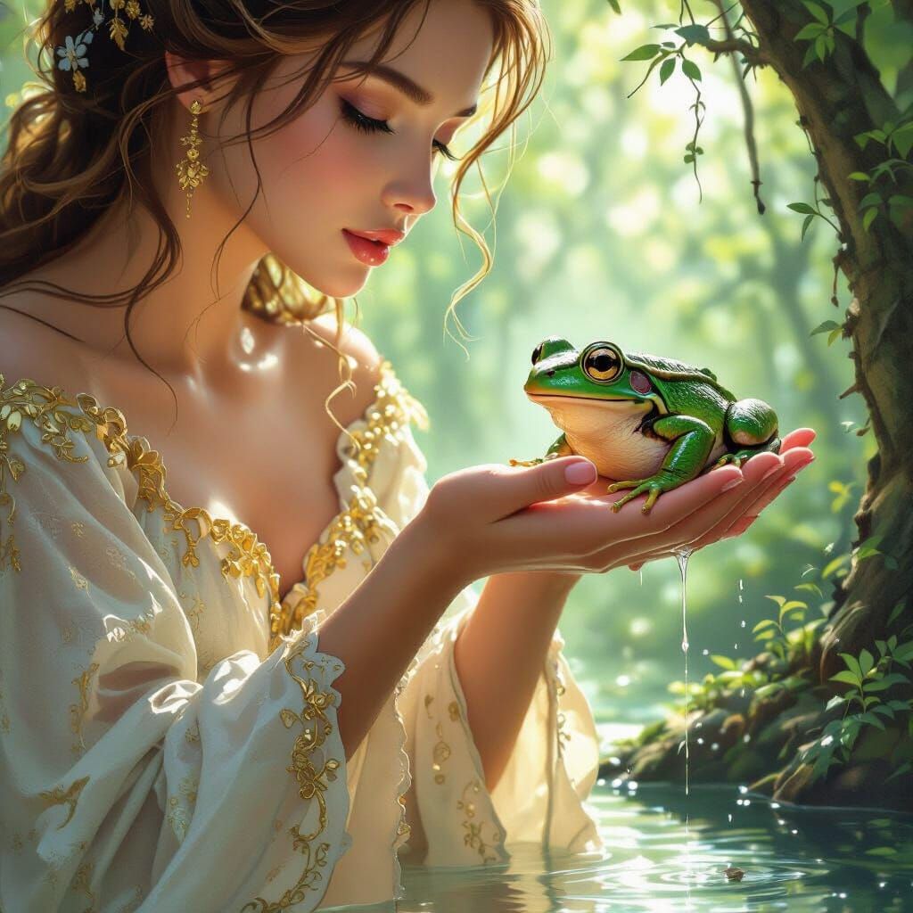 Princess Holds Frog in Forest, Hyperdetailed Portrait