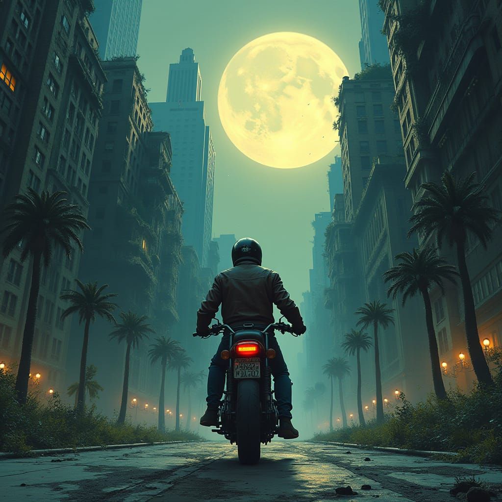 Biker Rides Through Abandoned City Ruins in Retrofuture Styl...