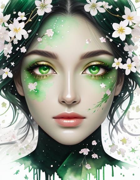 Sparkling Emerald Eyes with Stars in Watercolor