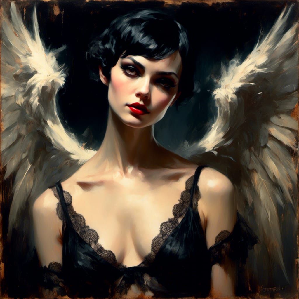 Noir Angel in Gothic Lingerie with Wings