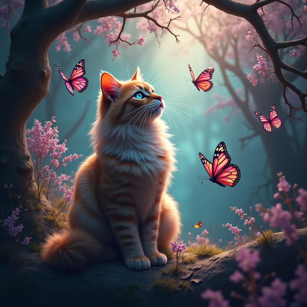 Cat Surrounded by Butterflies in Dreamlike Matte Painting