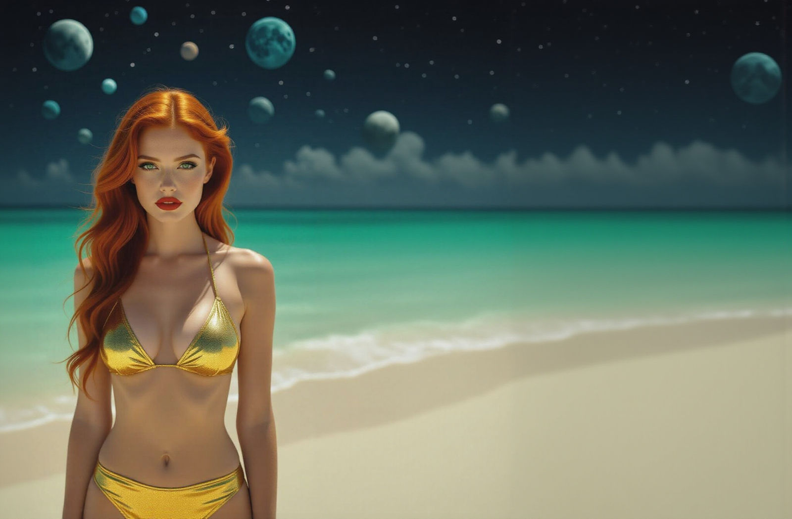 Woman on Alien Planet with Green Ocean