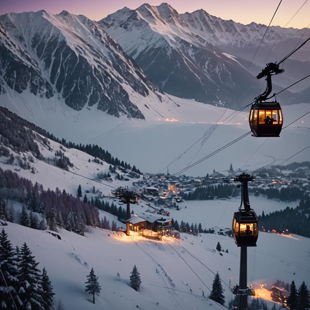 Romantic Couple in Cable Car, Cinematic Winter Scene