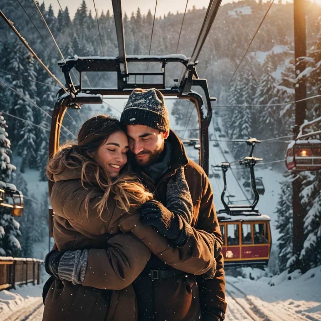 Romantic Couple in Snowy Landscape, Cinematic Photography