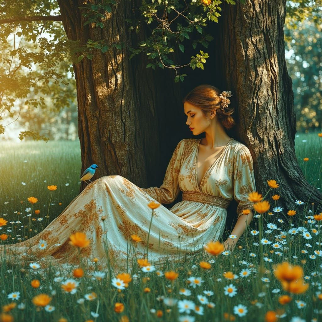 Mother Nature Resting by Oak Tree with Bird