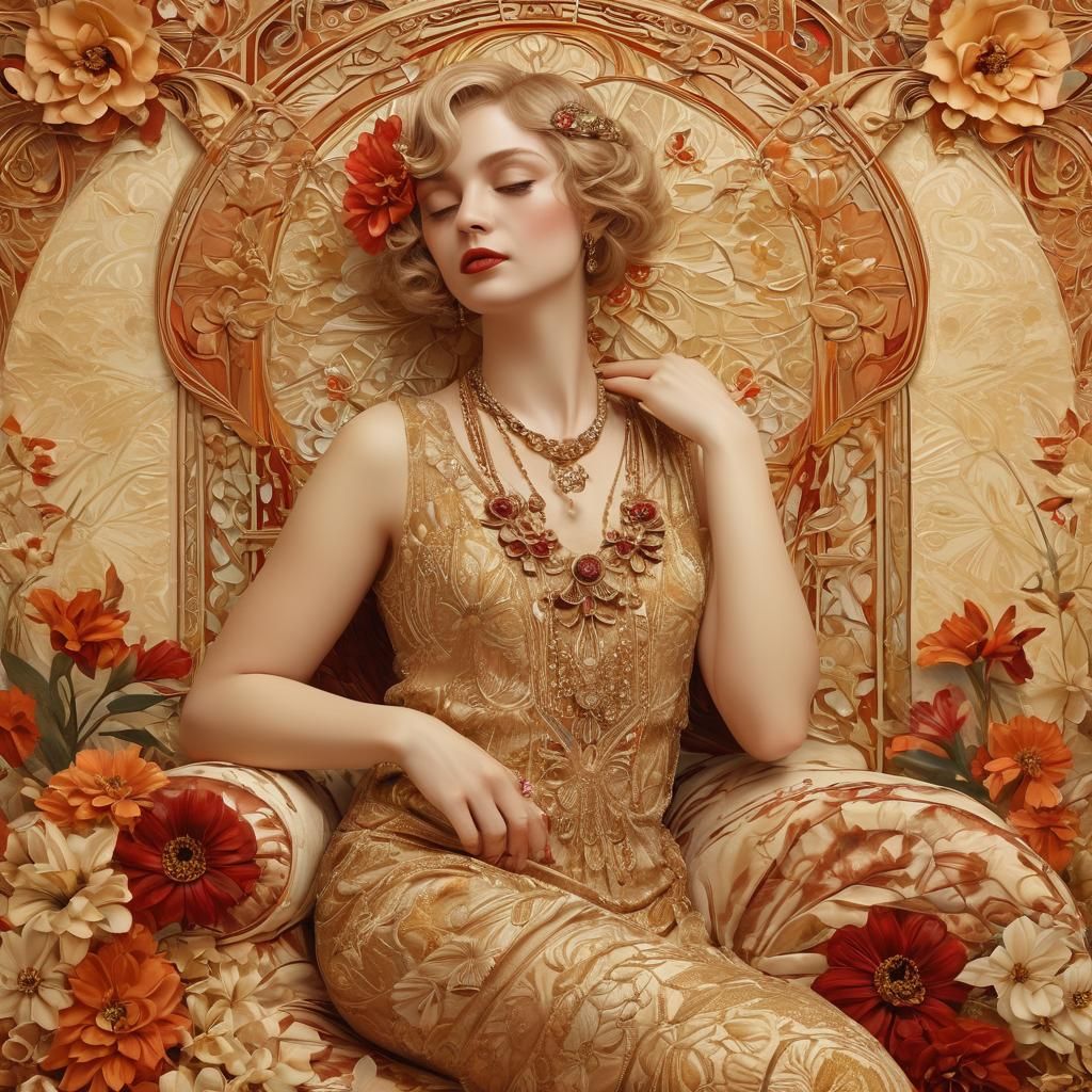 Art Deco Lady with Flowers in Jean Dupas Style