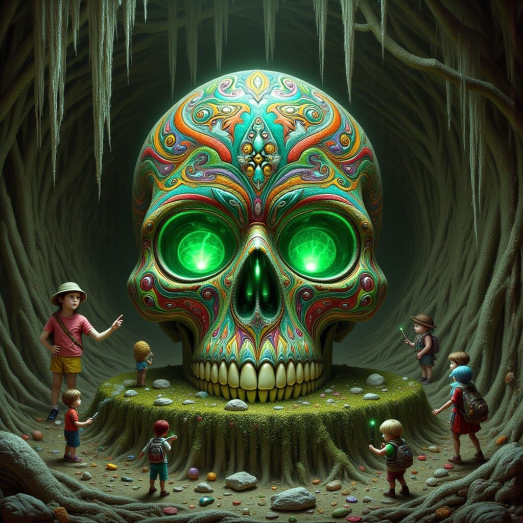 Skull in Ancient Cave with Glowing Eyes