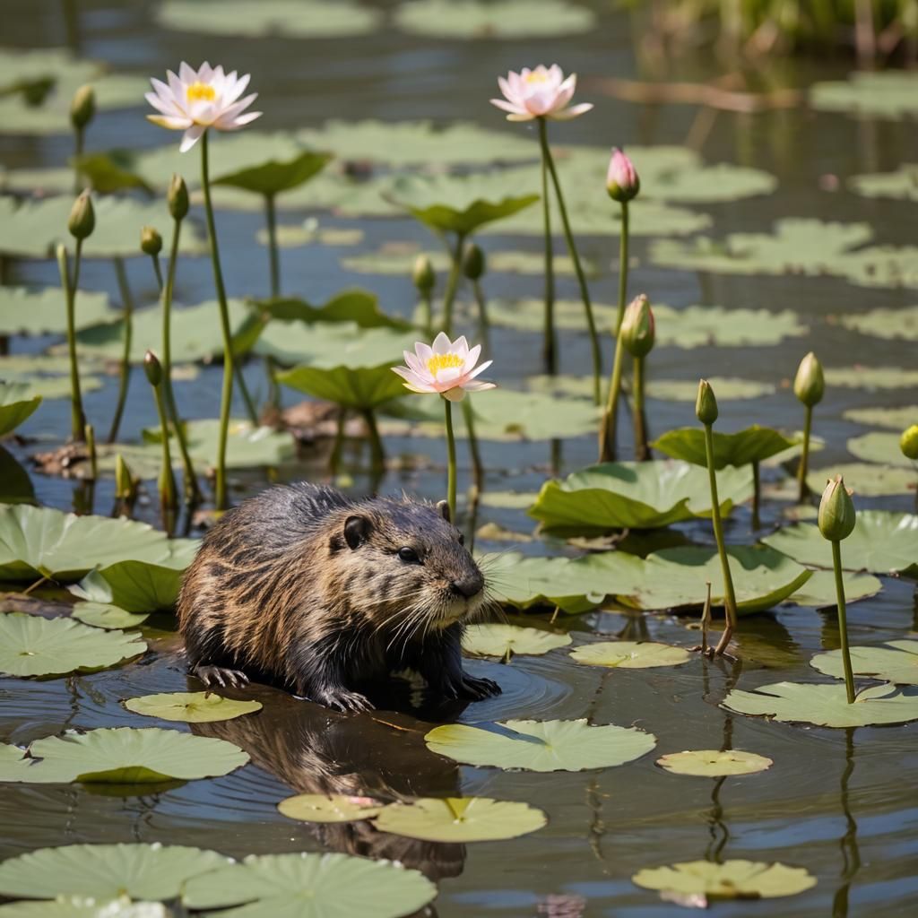 Baby Nutria Eating Lotus Flowers: Wildlife Photography