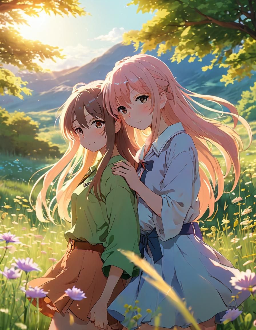 Anime Girls Embracing in Sunny Meadow