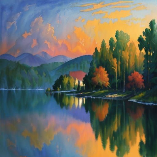 Impressionist Masterpiece: Beautiful Lake at Golden Hour
