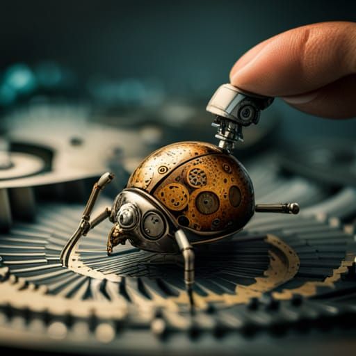 Clockwork Beetle Robot Repair: Hyperrealistic Macro Photo