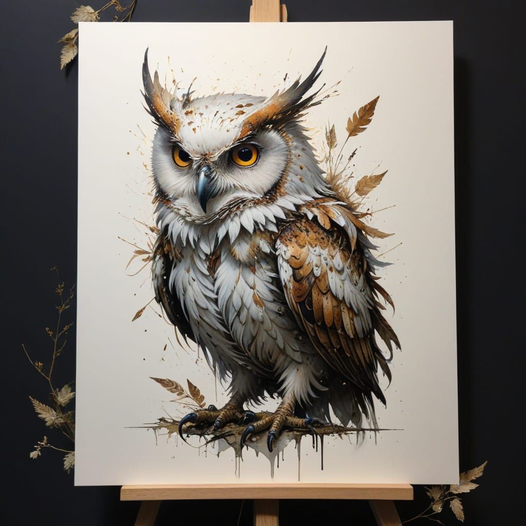 Elegant Owl in Golden Light, Inspired by Master Artists