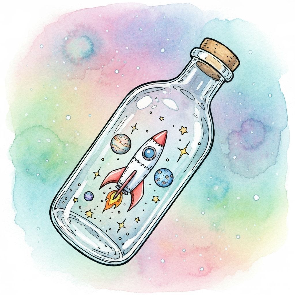 Rocket Ship in a Bottle: Watercolor and Ink Illustration