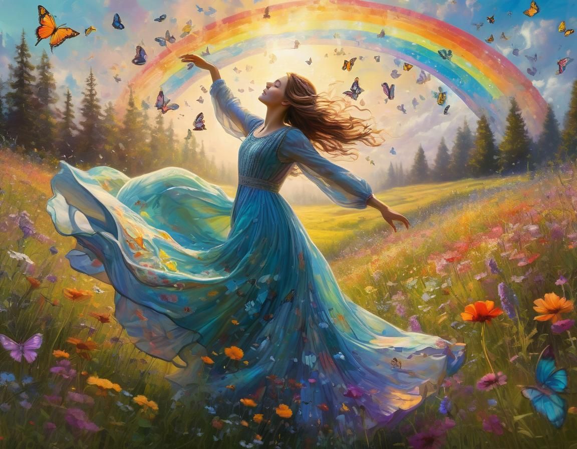 Woman Dancing in Wildflower Meadow: Impressionistic Art Nouv...