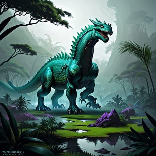 Dragon-Dinosaur Hybrid in Prehistoric Paradise