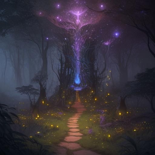 Cat in Magical Forest with Fireflies