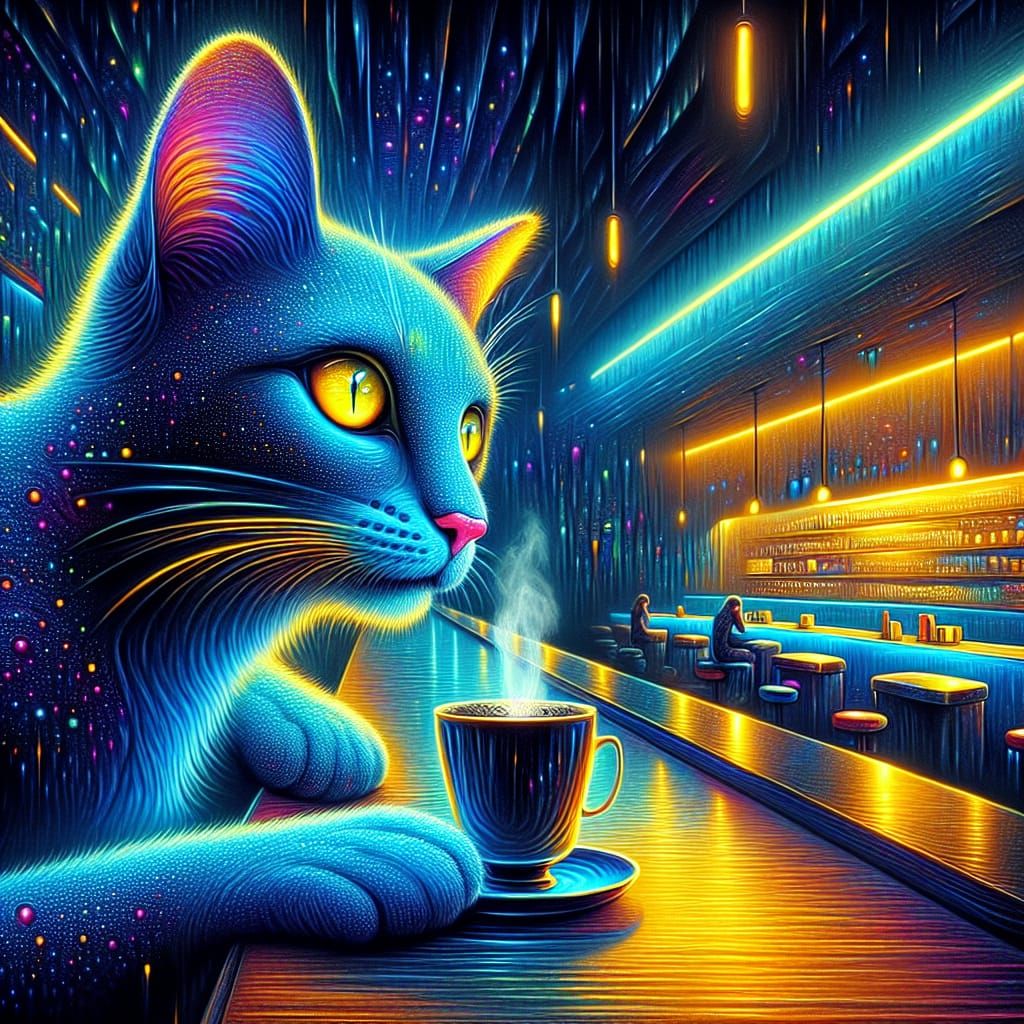 Blue Cat Sipping Coffee in Futuristic Diner