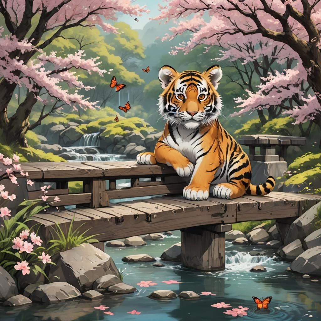 Anime Tiger Cub on Sakura Bridge