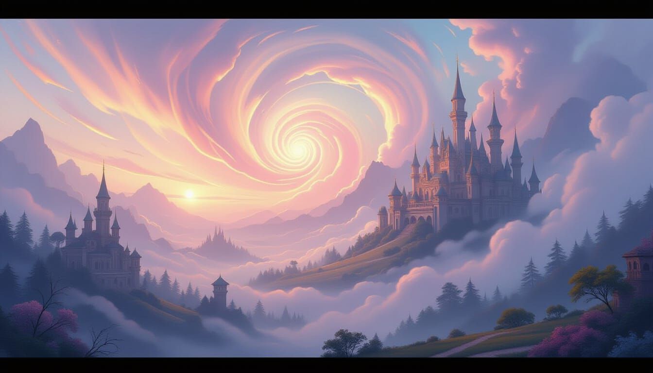 Fantasy Nebula Landscape with Thomas Kinkade Inspired Light