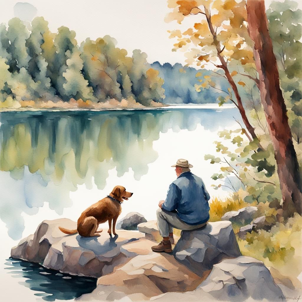 Man and Dog by Lake, Gouache Watercolor Painting
