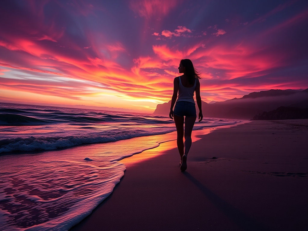 Sunset Beach Stroll: Photorealistic Seascape in Epic Detail