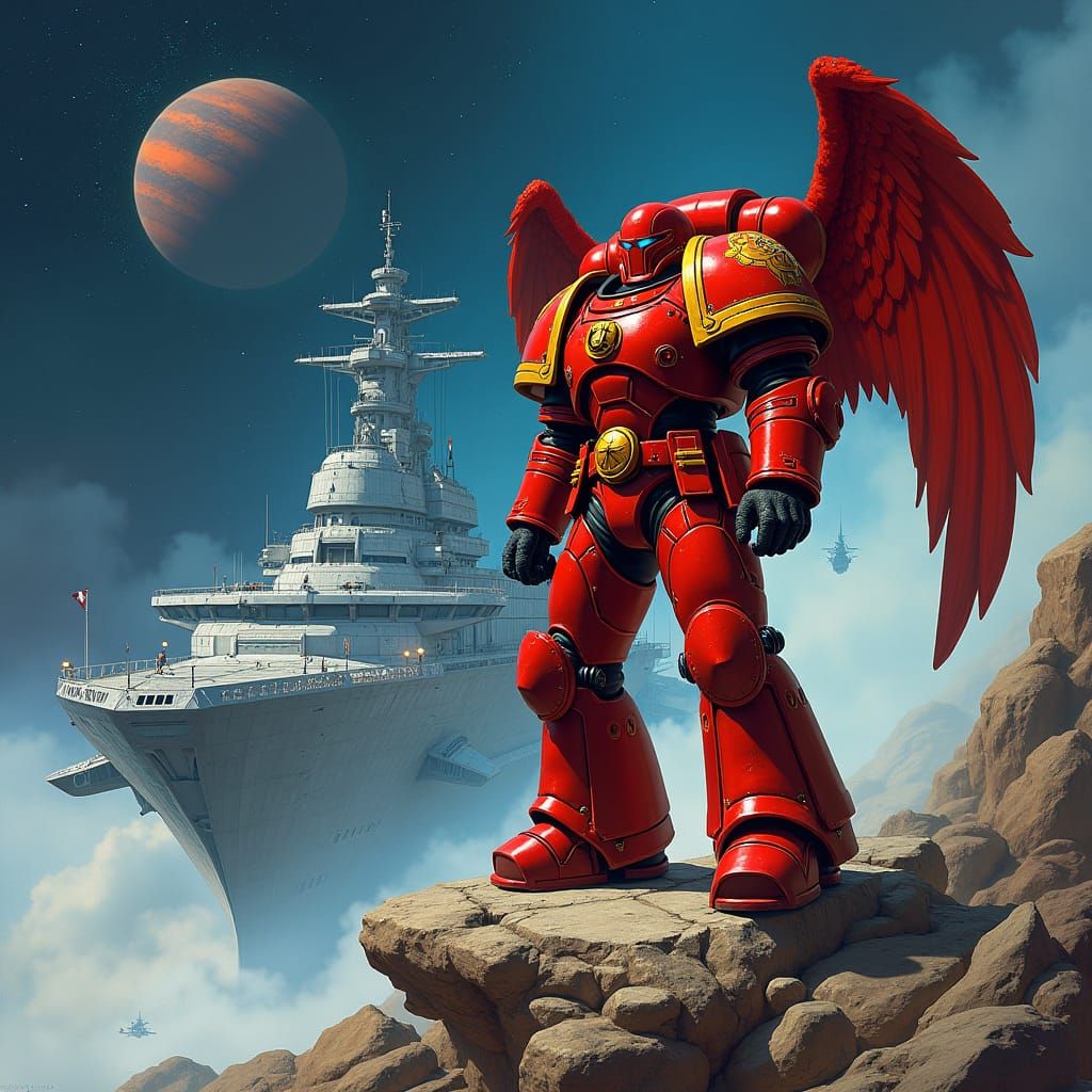 Blood Angel Space Marine on Battlecruiser in Space