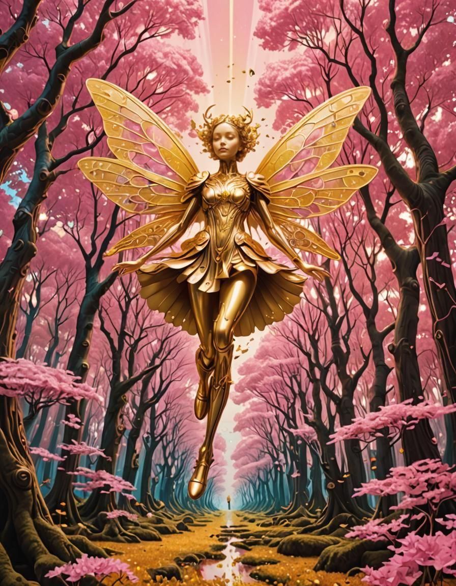 Golden Fairy in Pink Forest, Art Deco Style