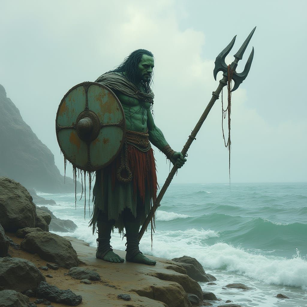 Water Genasi with Trident on Rocky Shoreline