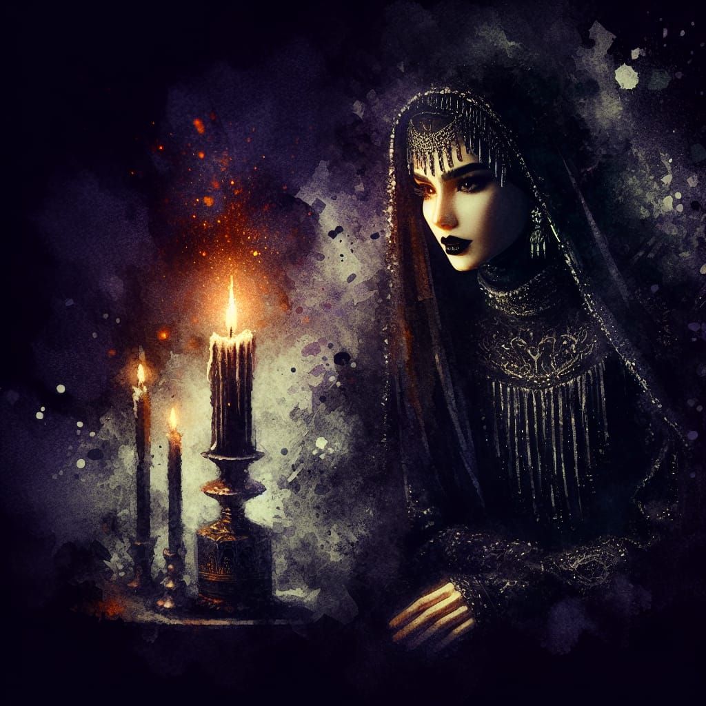 Noir Goth Woman with Candle in Watercolor Style