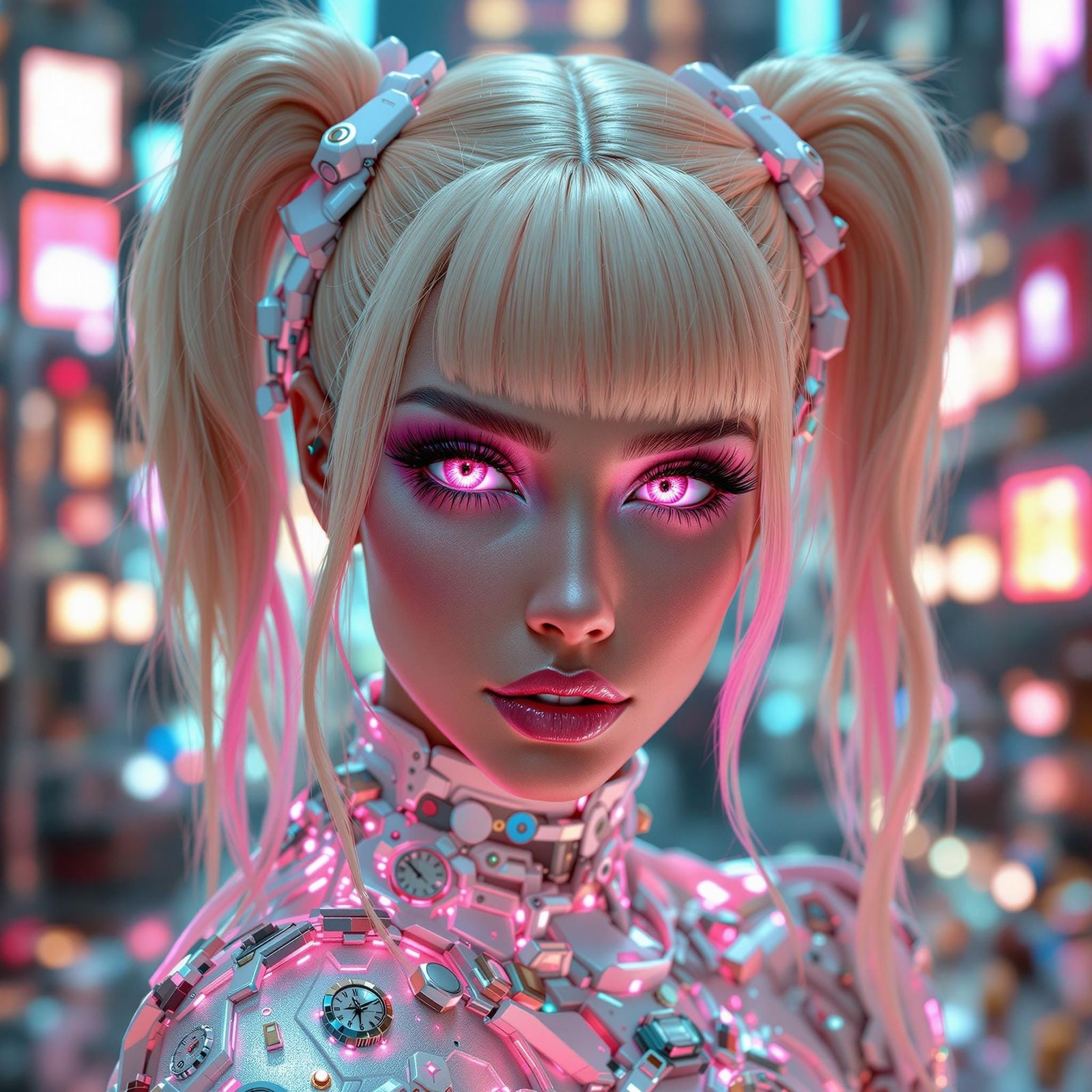 Cyberpunk Goddess with Golden Hair and Pink Eyes