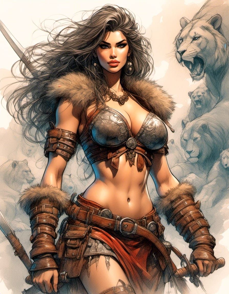 Curvy Anime Barbarian Woman in Color Sketch