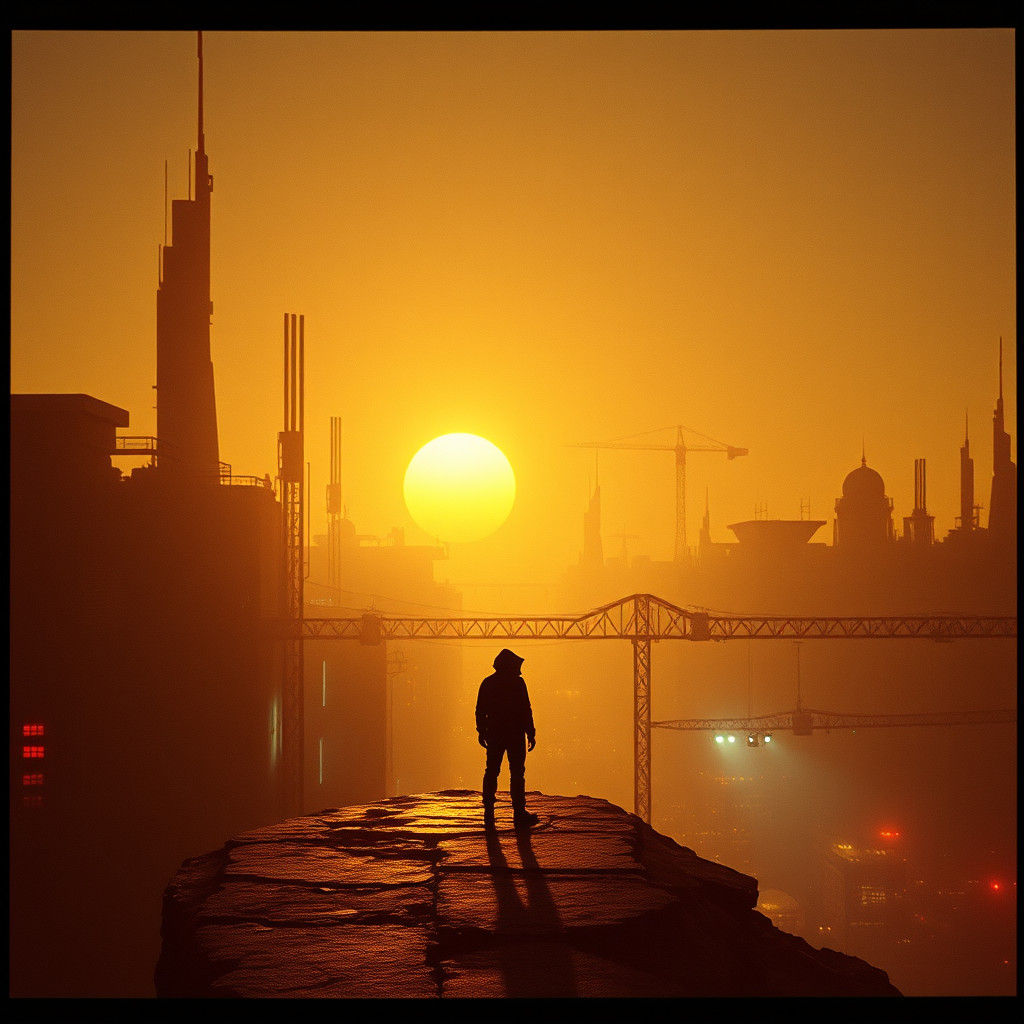 Futuristic Cityscape at Sunset in Dystopian Concept Art