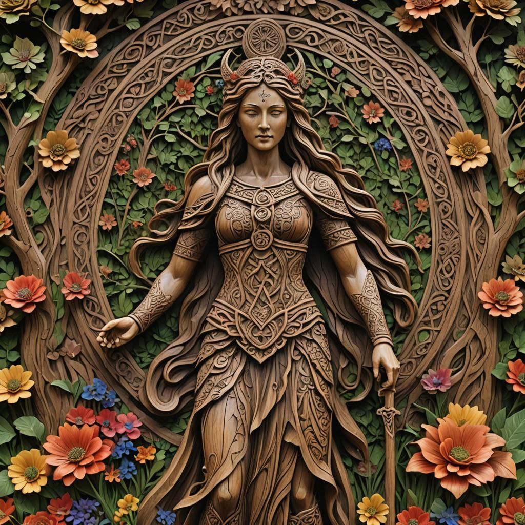 Detailed Woodcarving of Celtic Goddess on Hill