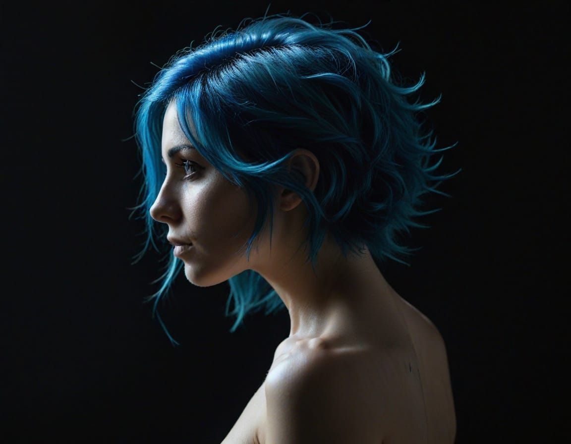 Blue Haired Beauty in Chiaroscuro Profile