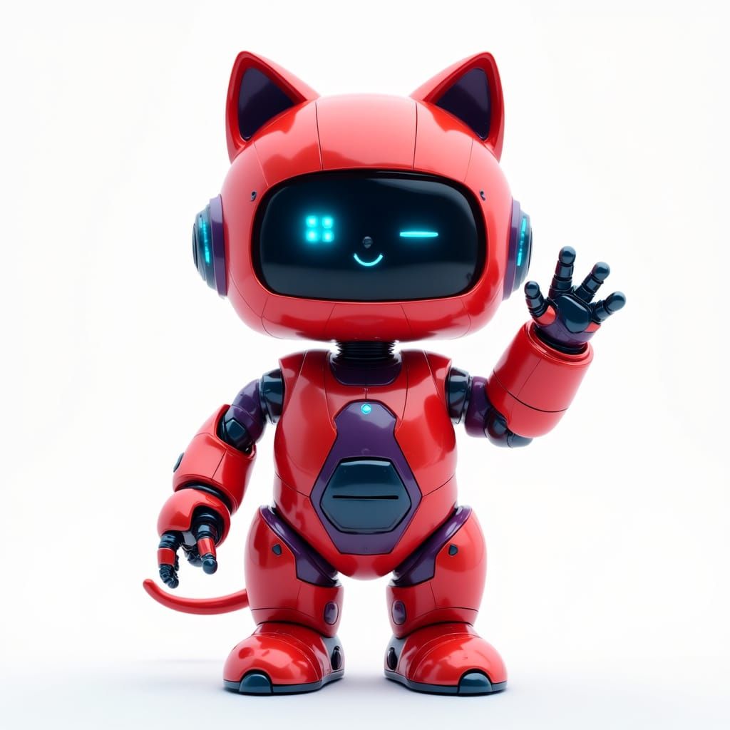 Cute Robot Cat Waving Hello in 3D Render Style