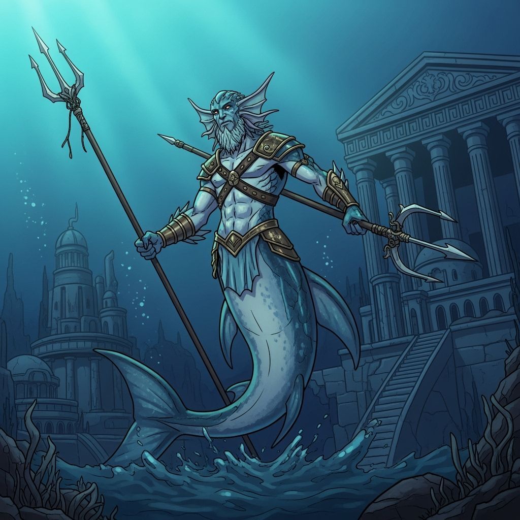 Underwater Atlanteans Wielding Spears in Ancient Cities