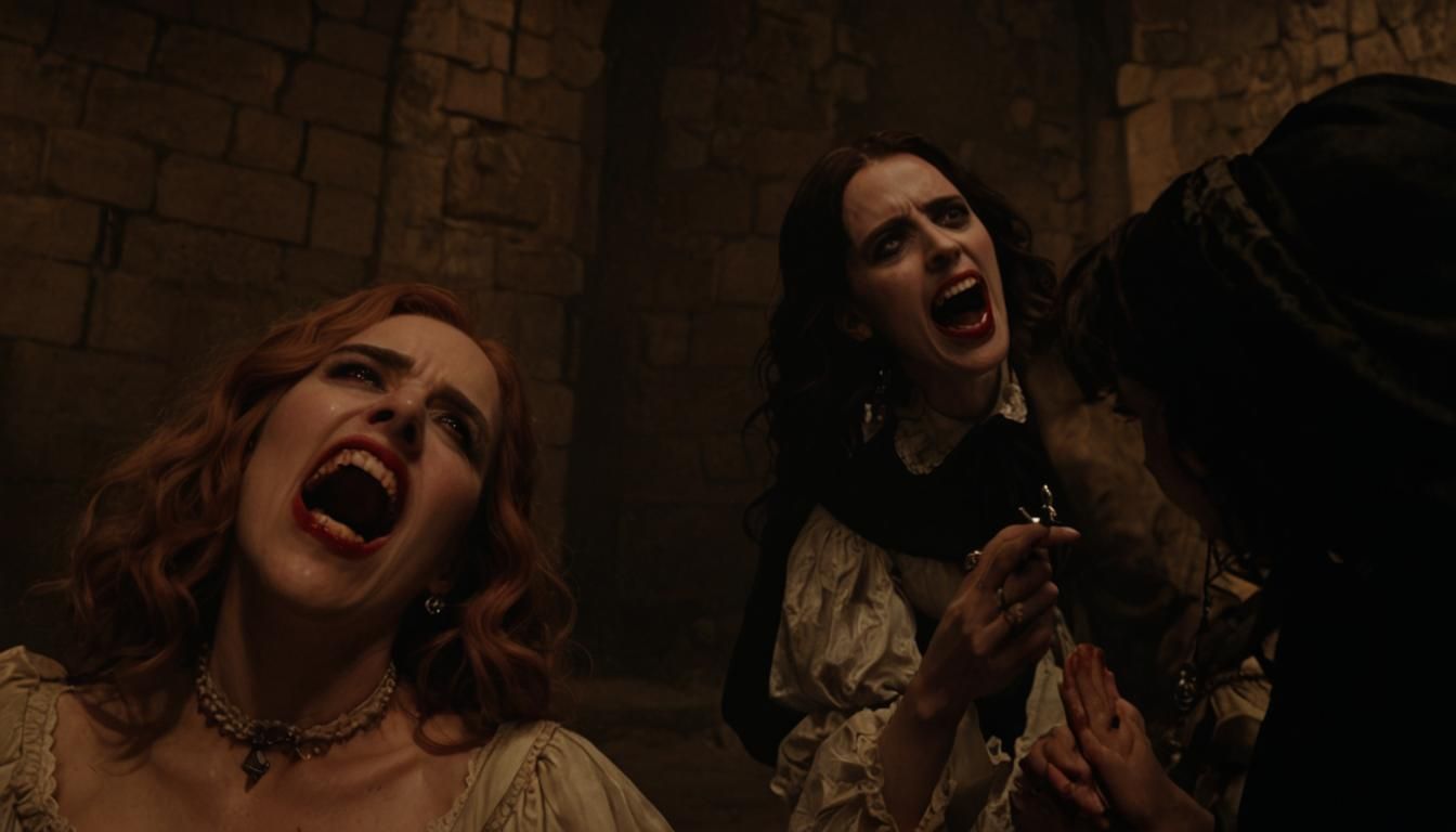 Vampires Hissing in Dark Gothic Horror Scene