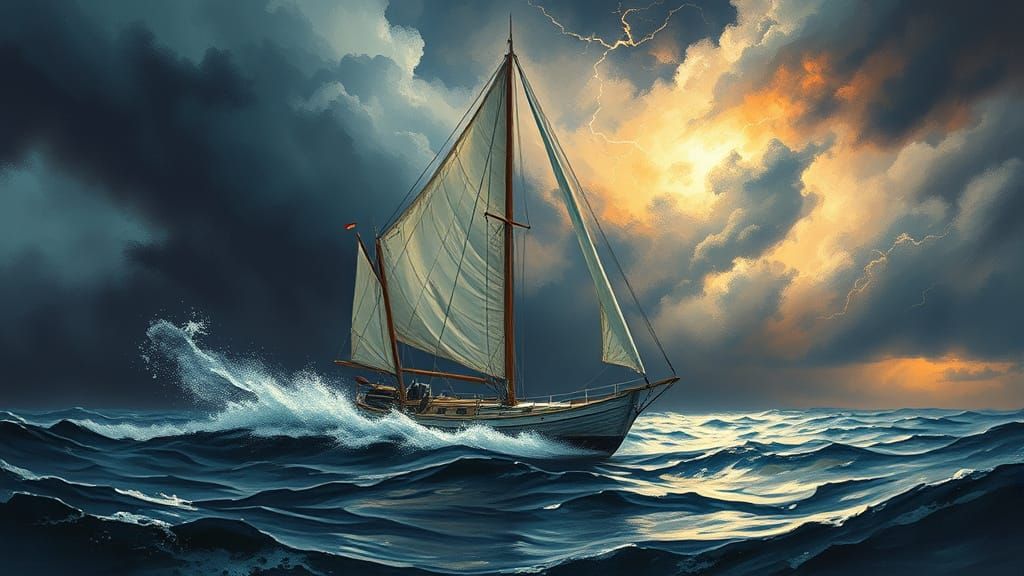 White Sailboat Battles Storm in Impressionist Style