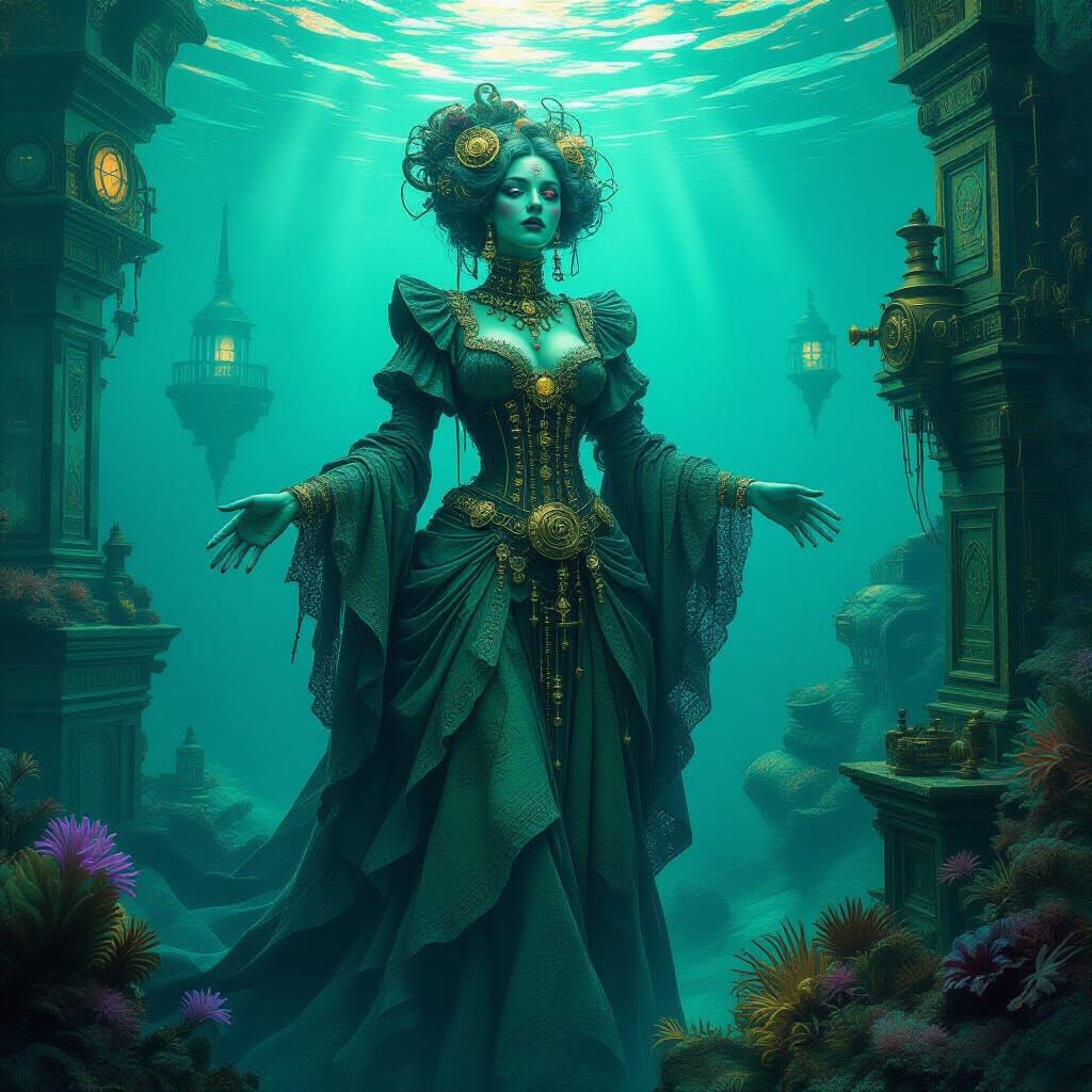 Bioluminescent Woman in Sunken City, Impasto Style