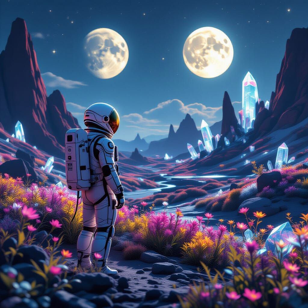 Astronaut on Alien Planet with Bioluminescent Flora