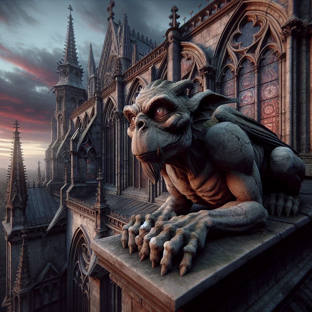 Gothic Gargoyle Perched Atop Ancient Church