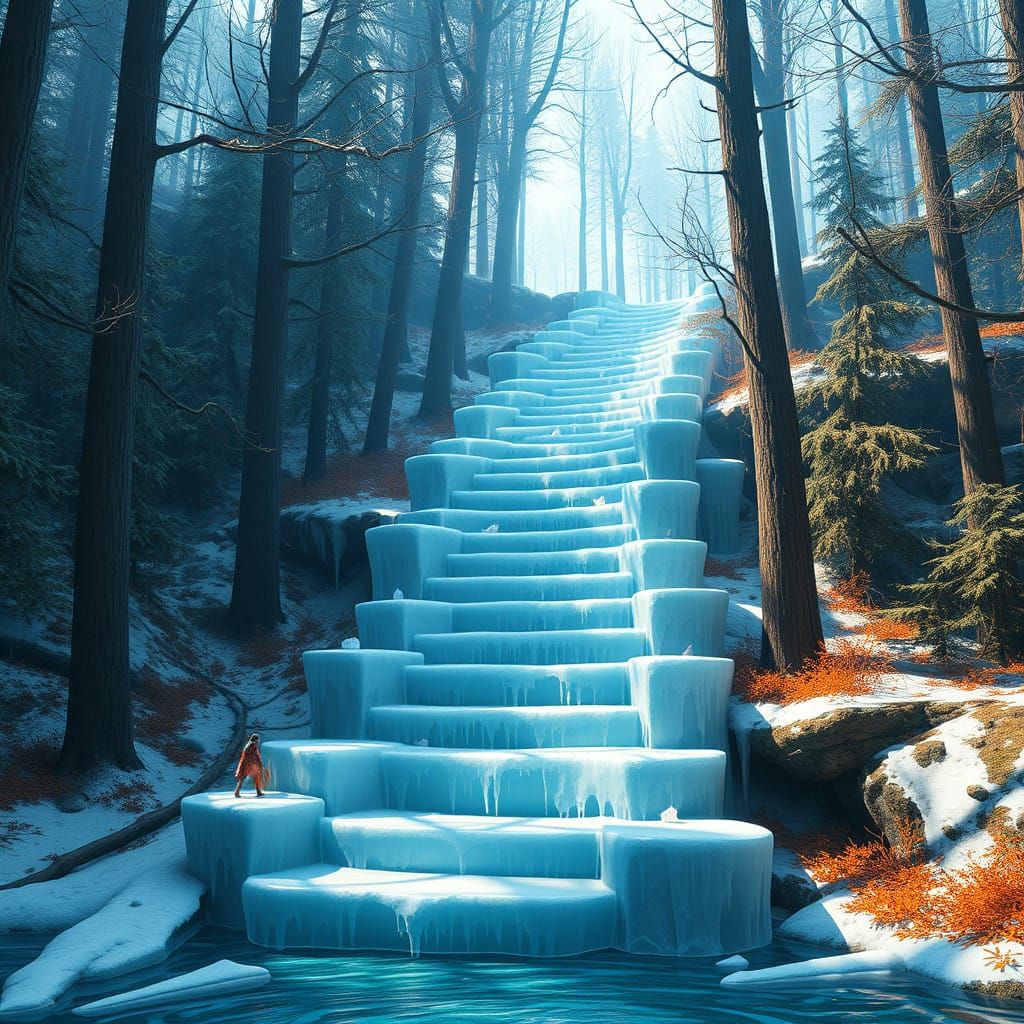 Ice Queen Ascends Frosty Forest Stairway in Cyberpunk Fantas...