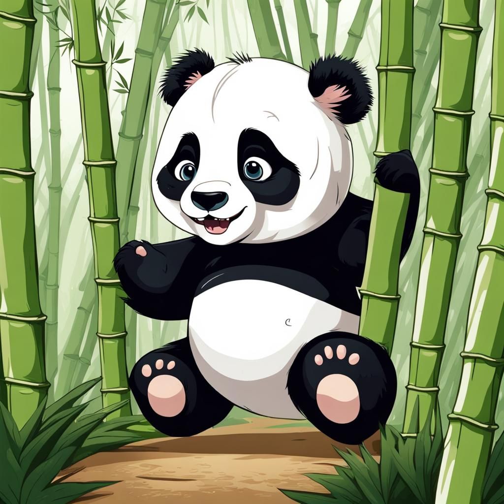 Cute Baby Panda Climbing Bamboo in Cartoon Style