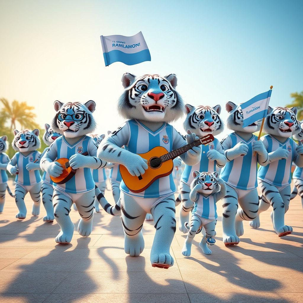 Anthropomorphic Tigers Marching in a Surreal Plaza
