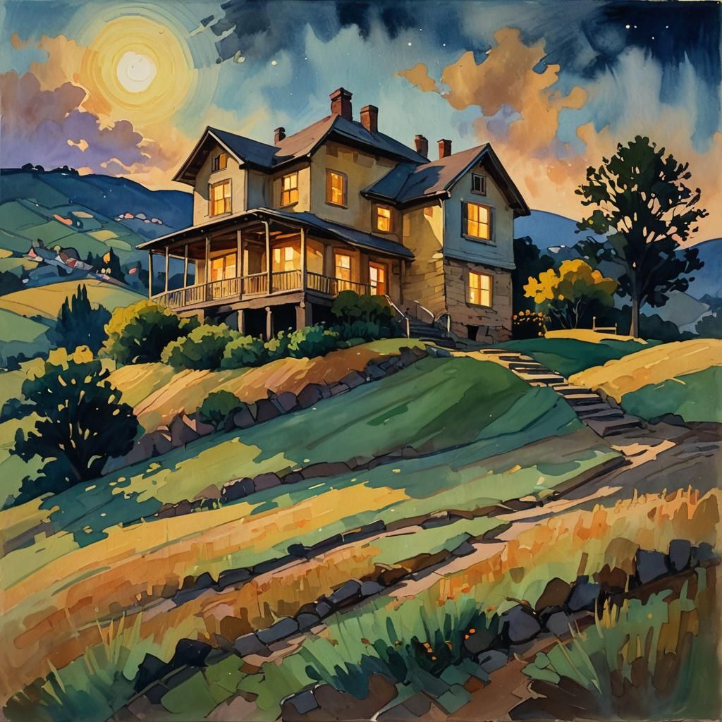 Old House on Hill at Night as Gouache Painting