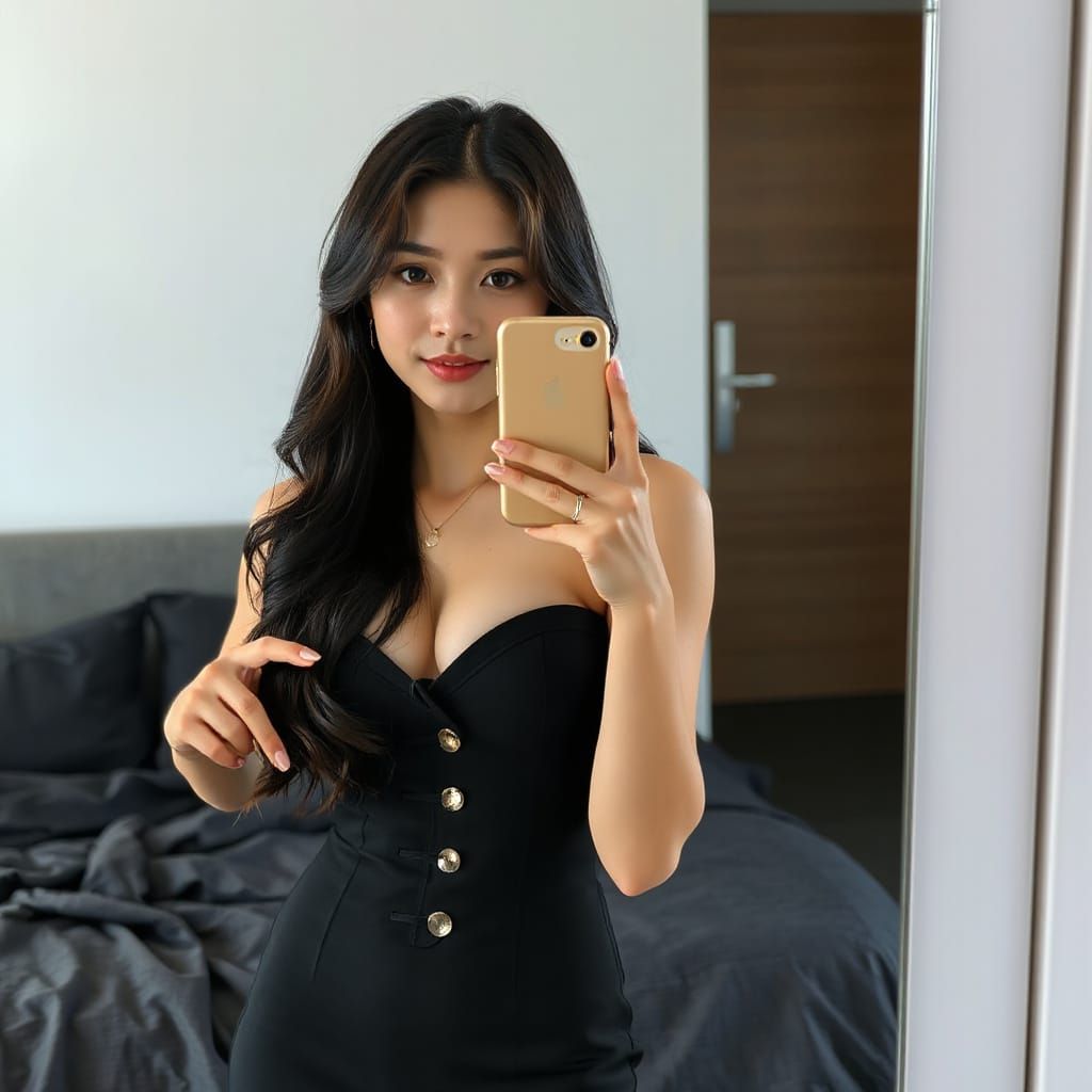 Asian Woman's Mirror Selfie in Contemporary Bedroom