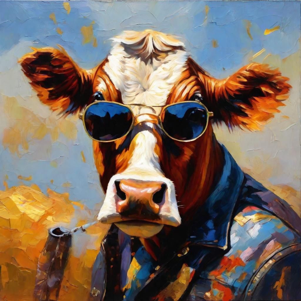 Cow Biker Smoking Cigar as Gouache Painting